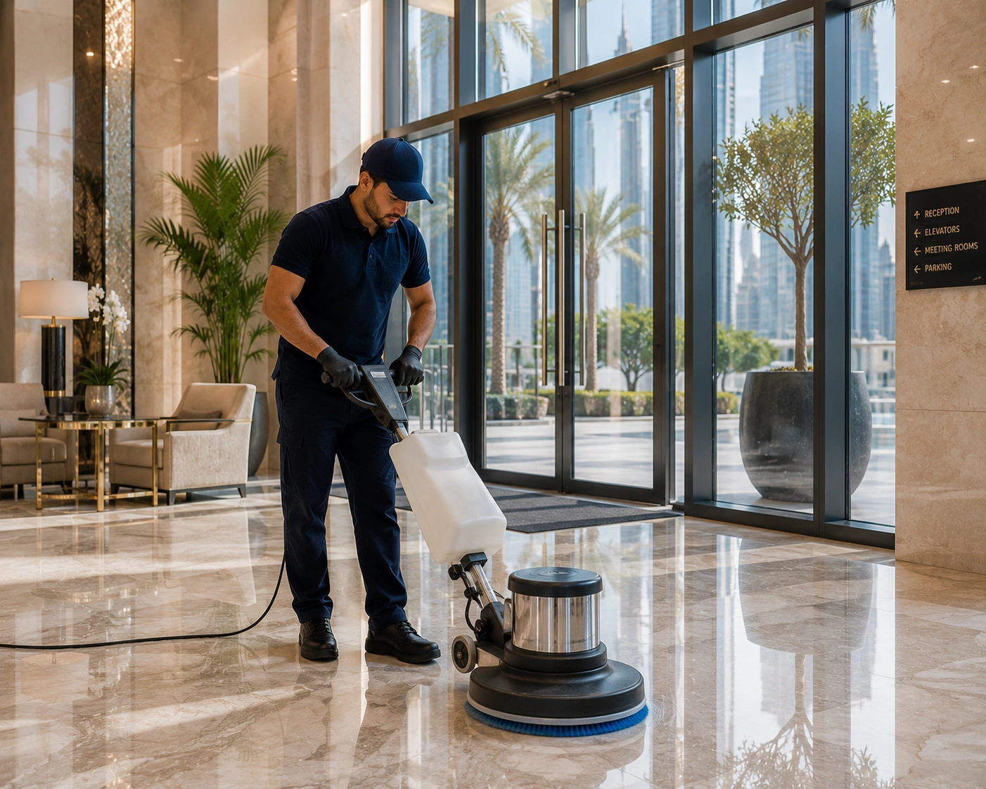 A professional cleaner polishing marble floors
