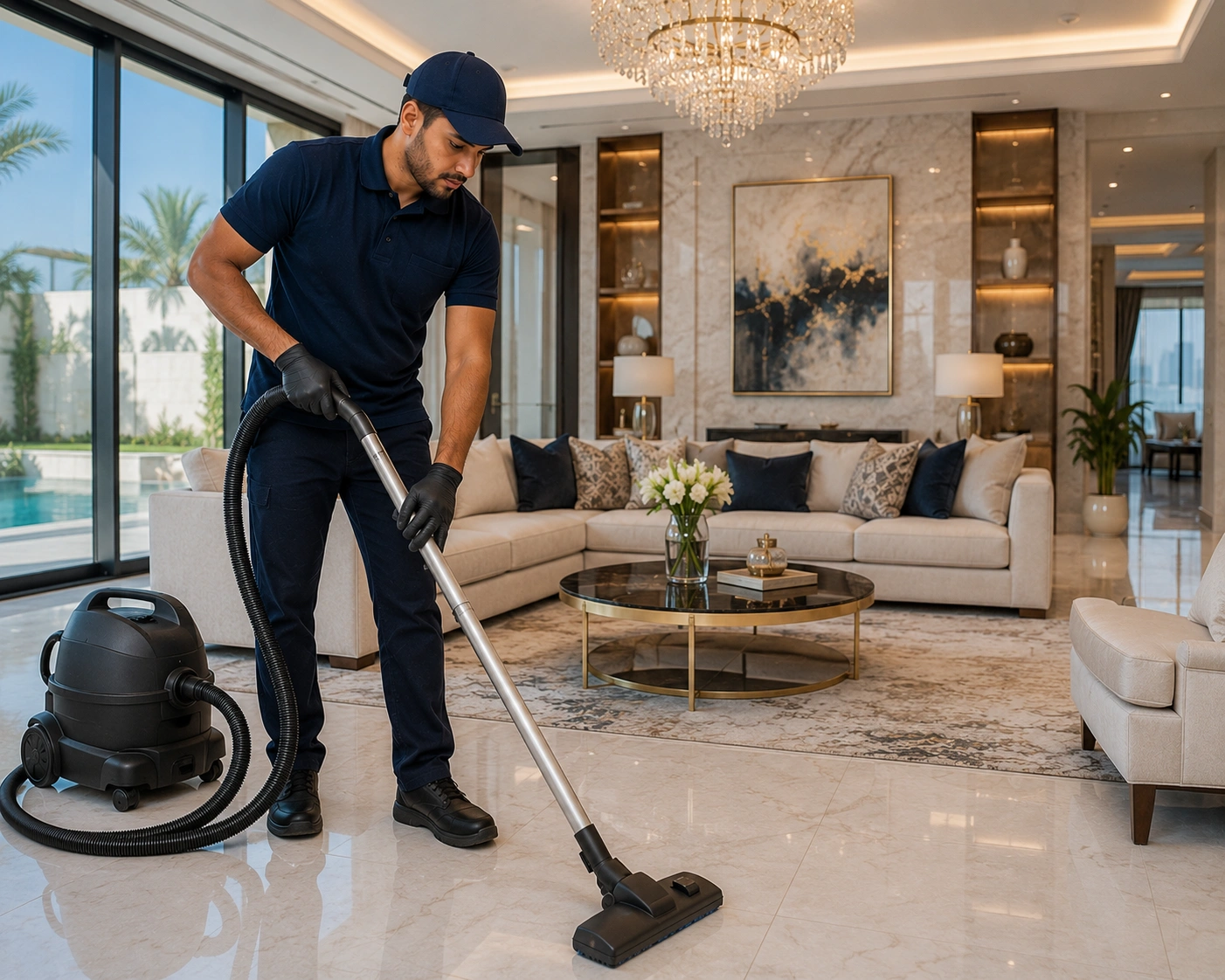 A professional cleaner vacuuming