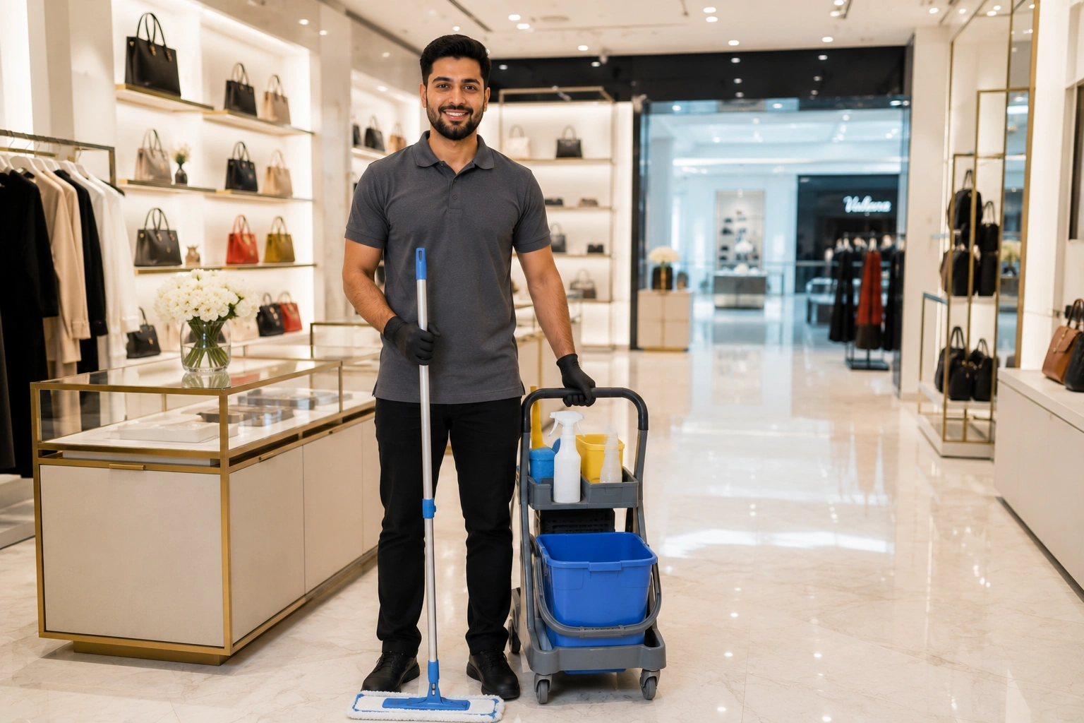 A smiling commercial cleaner standing inside