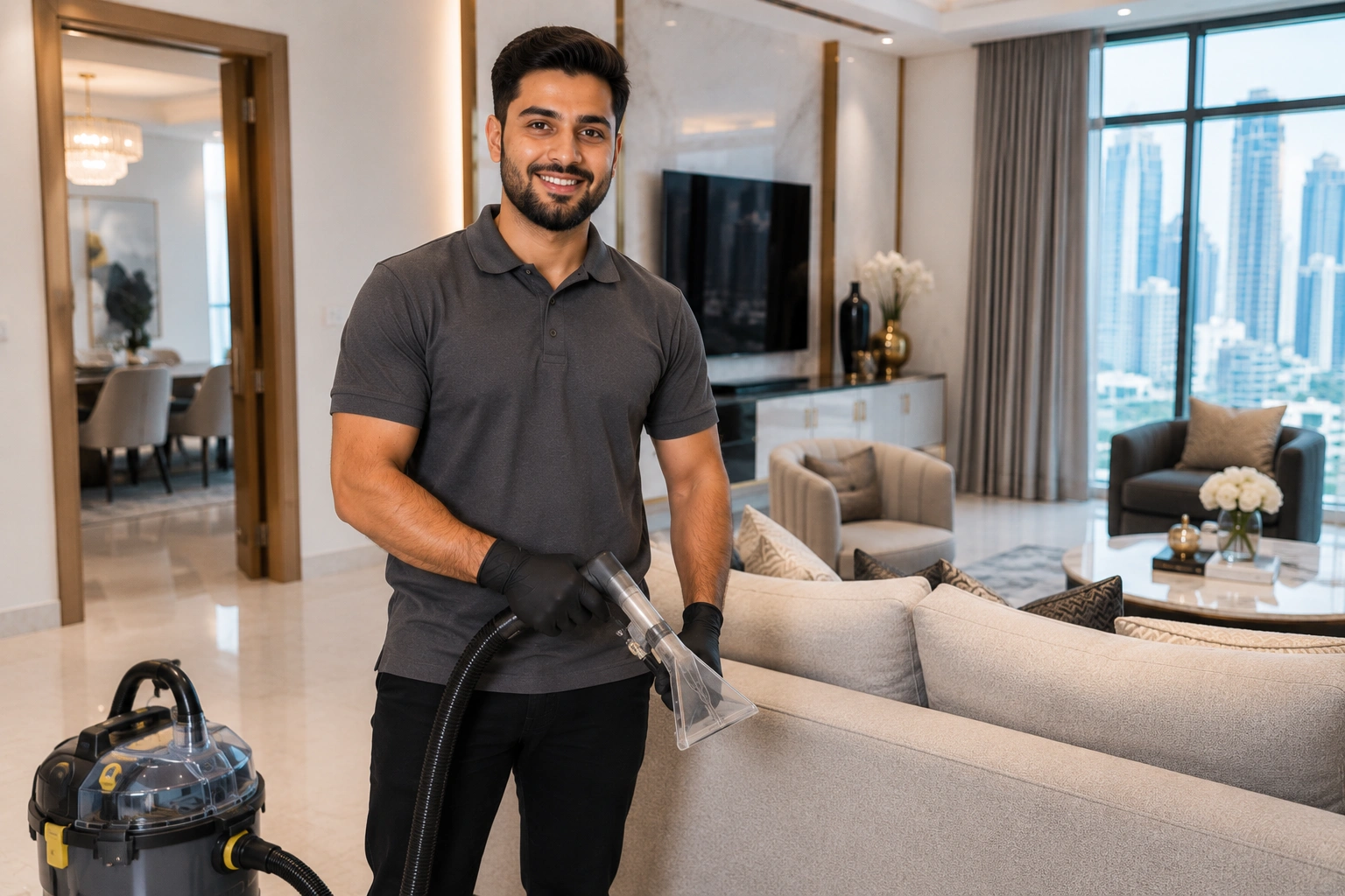 A smiling furniture cleaning technician standing