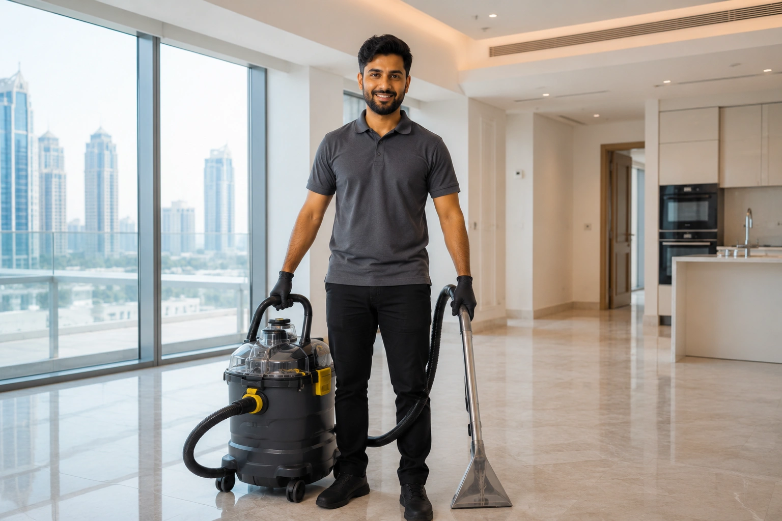 A smiling professional cleaner
