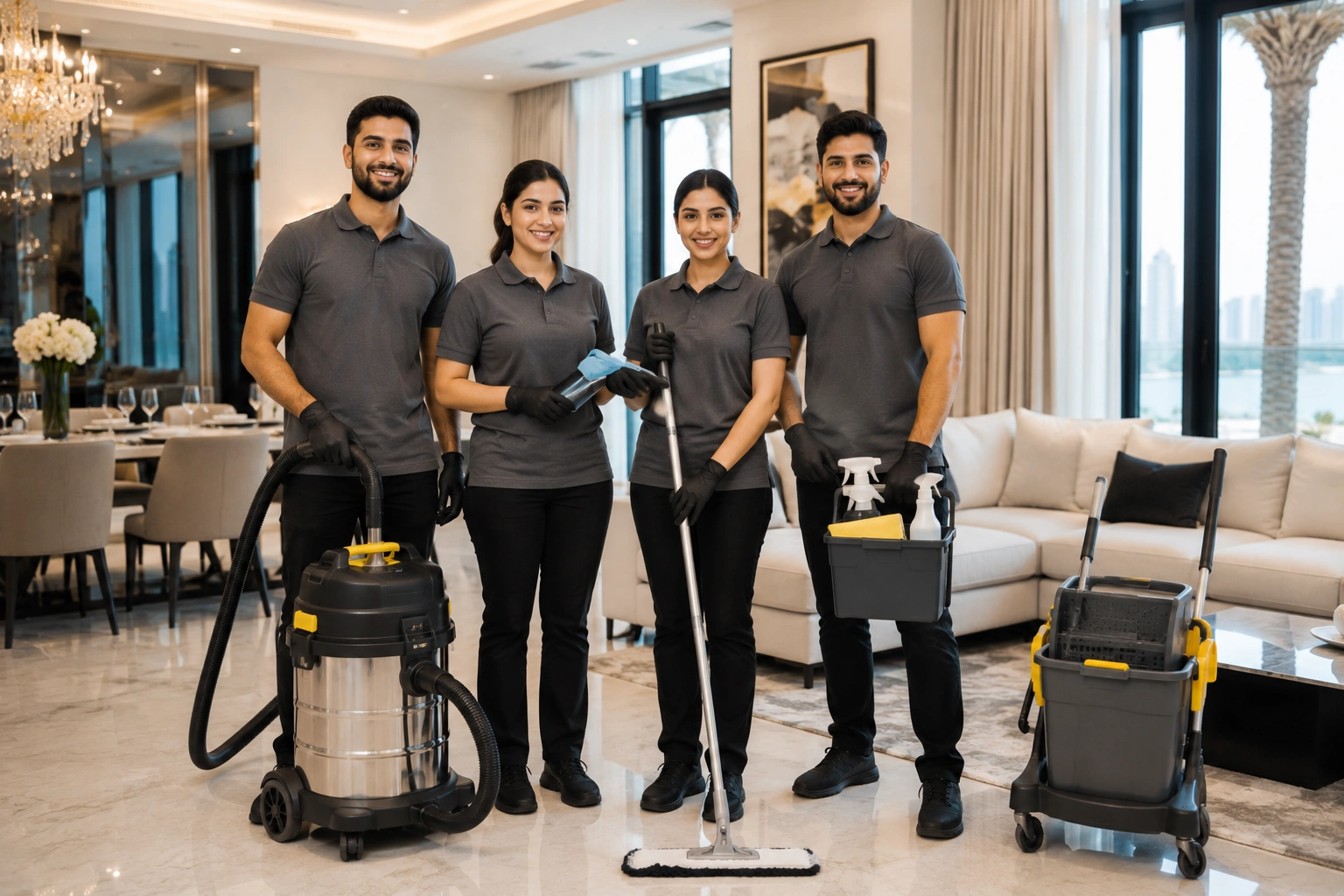 A smiling professional cleaning team