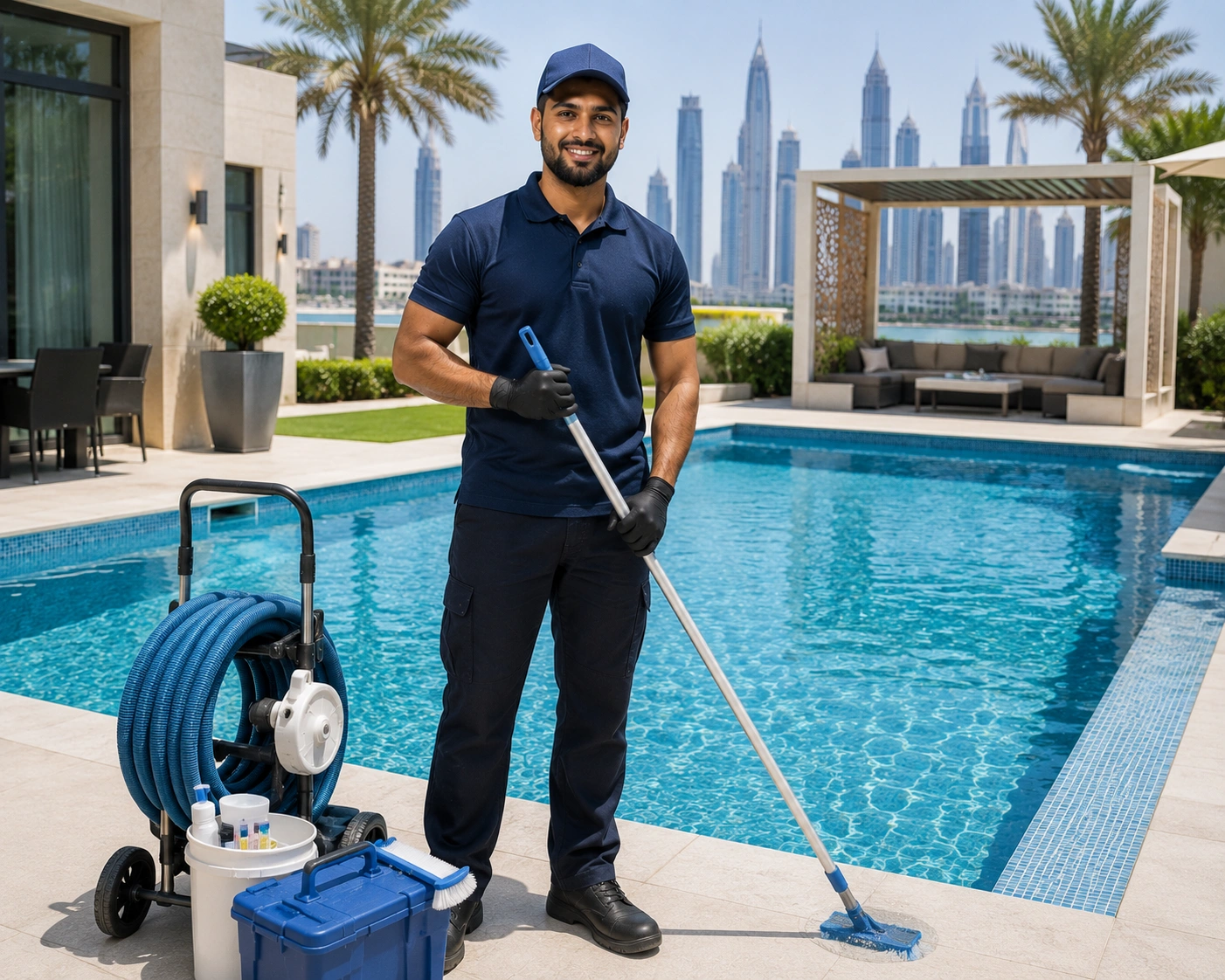 A smiling swimming pool cleaning technician