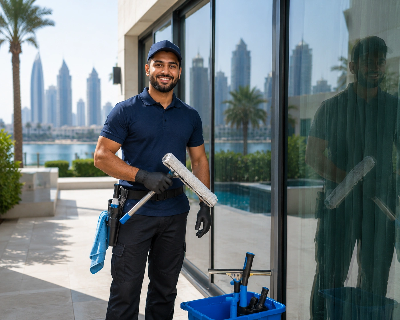 A smiling window cleaning technician
