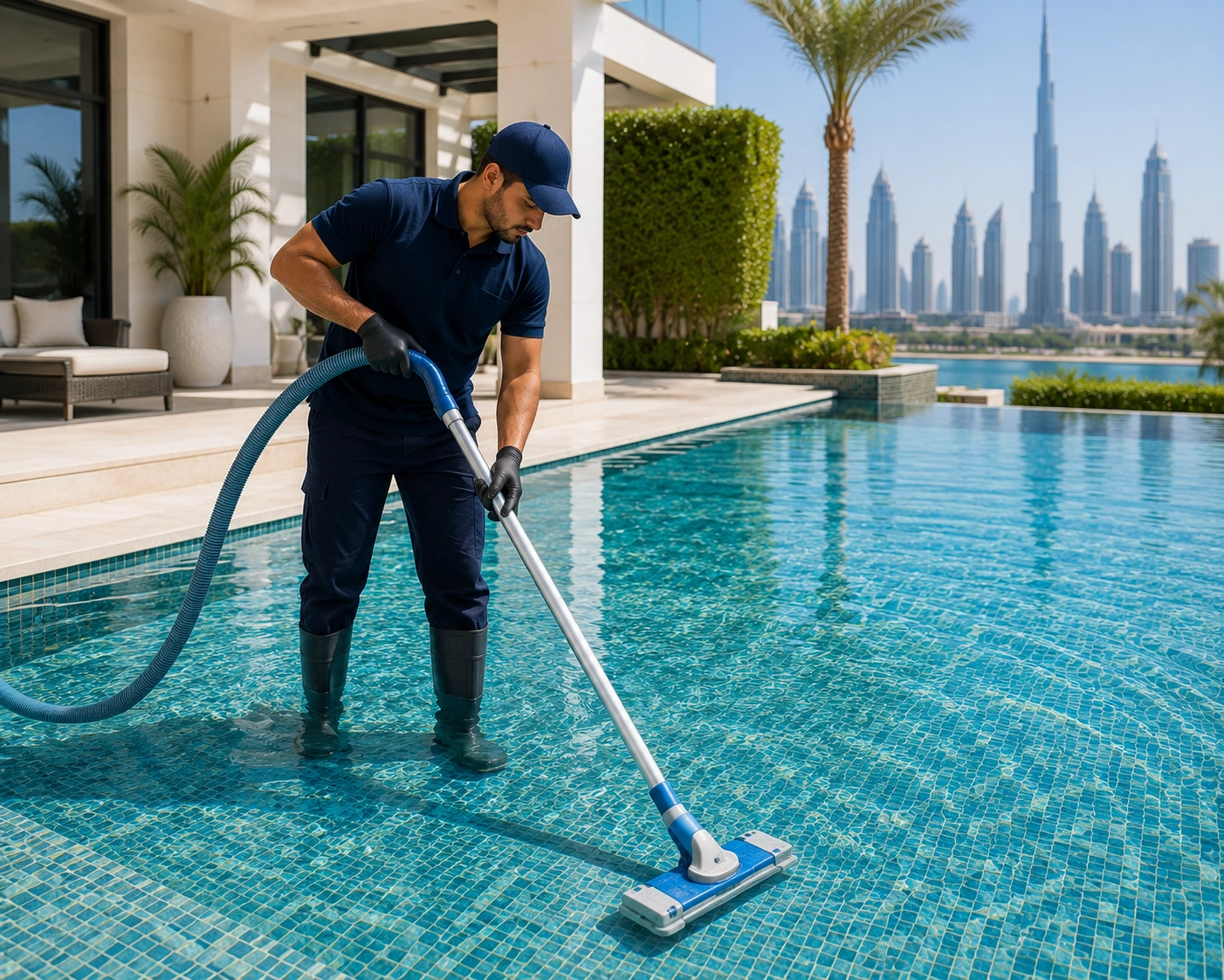 A technician vacuuming the floor