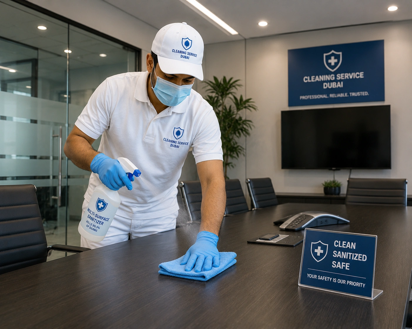 Cleaner sanitizing a modern conference room.