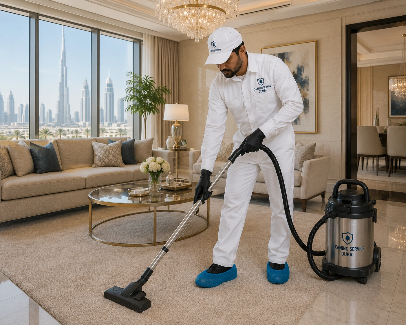 Cleaner vacuuming a luxury living room in Dubai