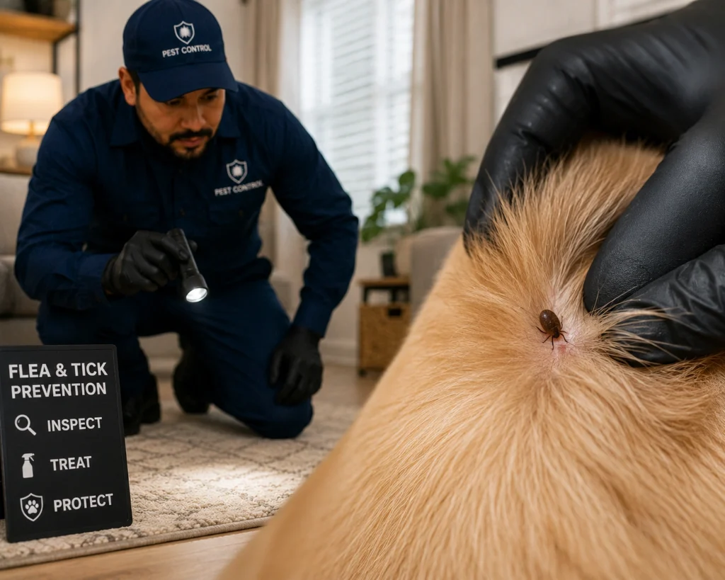 Close-up of a flea or tick on pet fur with a technician inspecting the home