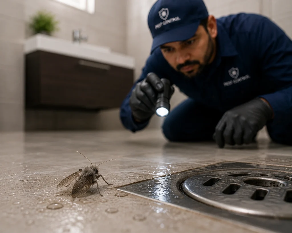 Close-up of drain flies around a sink drain with a technician inspecting the drain