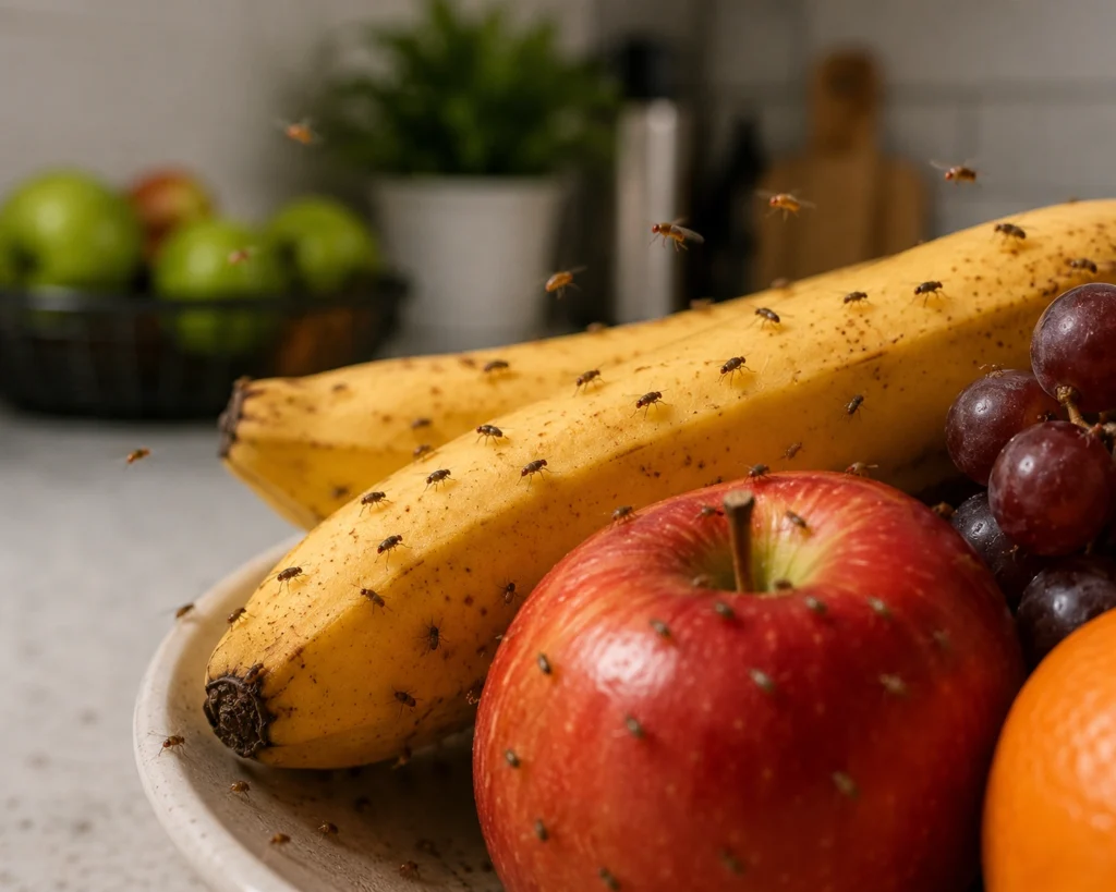 Close-up of fruit flies around bananas, apples, or a fruit bowl in a kitchen