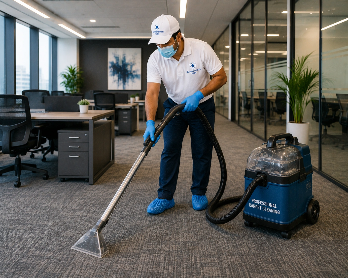 Professional cleaner cleaning office carpet flooring