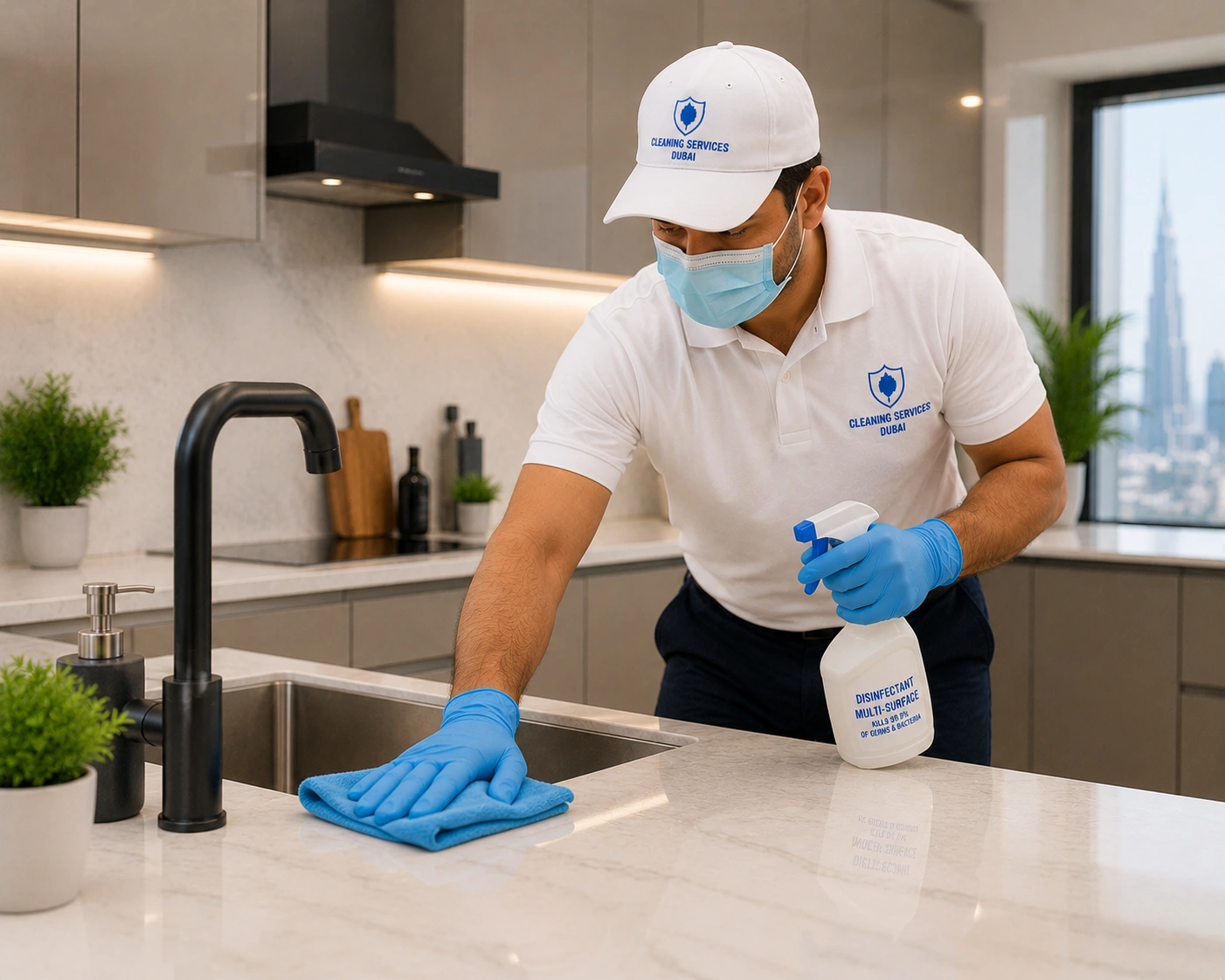 Professional cleaner disinfecting a modern kitchen countertop and sink