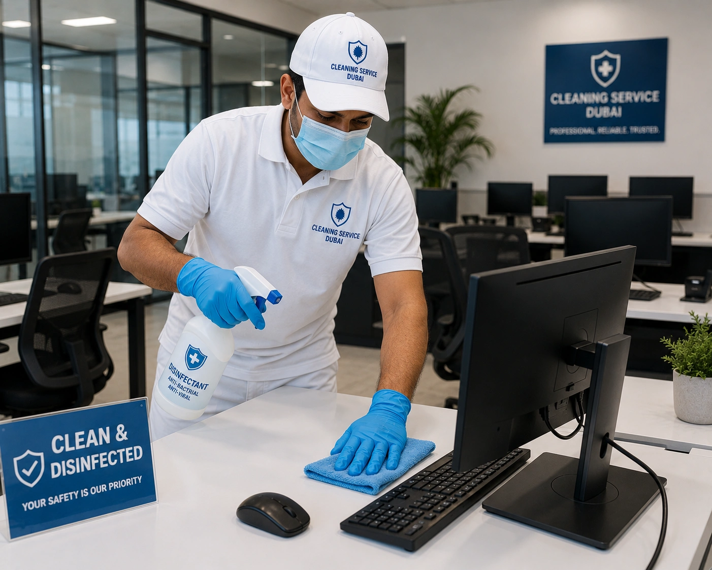 Professional cleaner disinfecting office desks and computer workstations