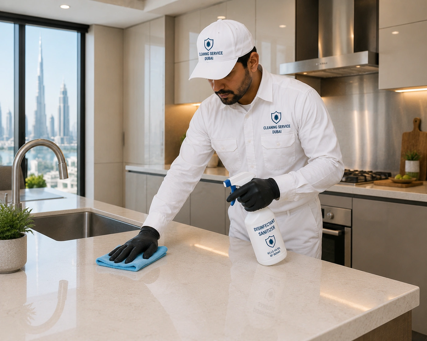 Professional cleaner sanitizing a modern kitchen