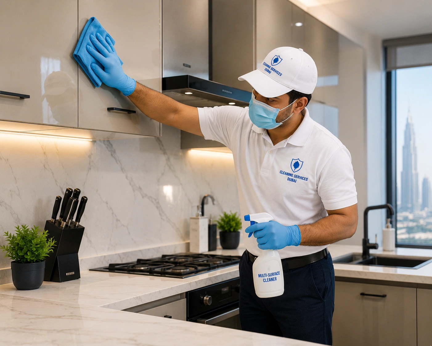 Professional cleaner wiping modern kitchen cabinets