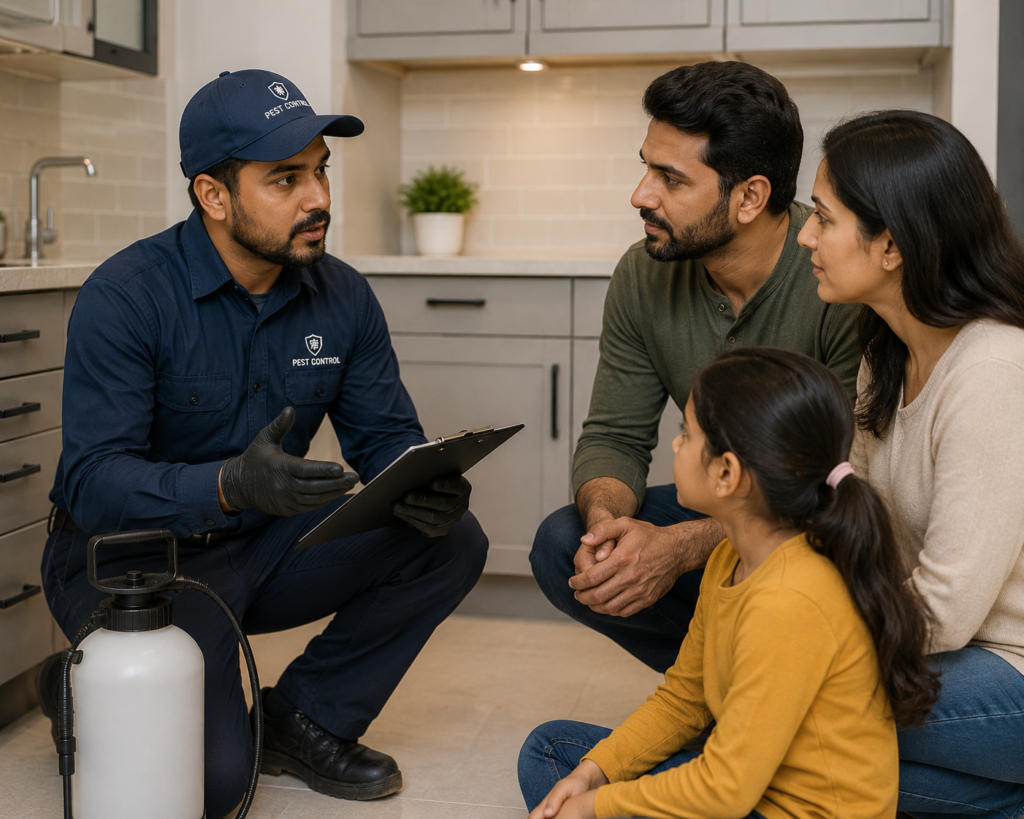 Technician advising a family after treatment.