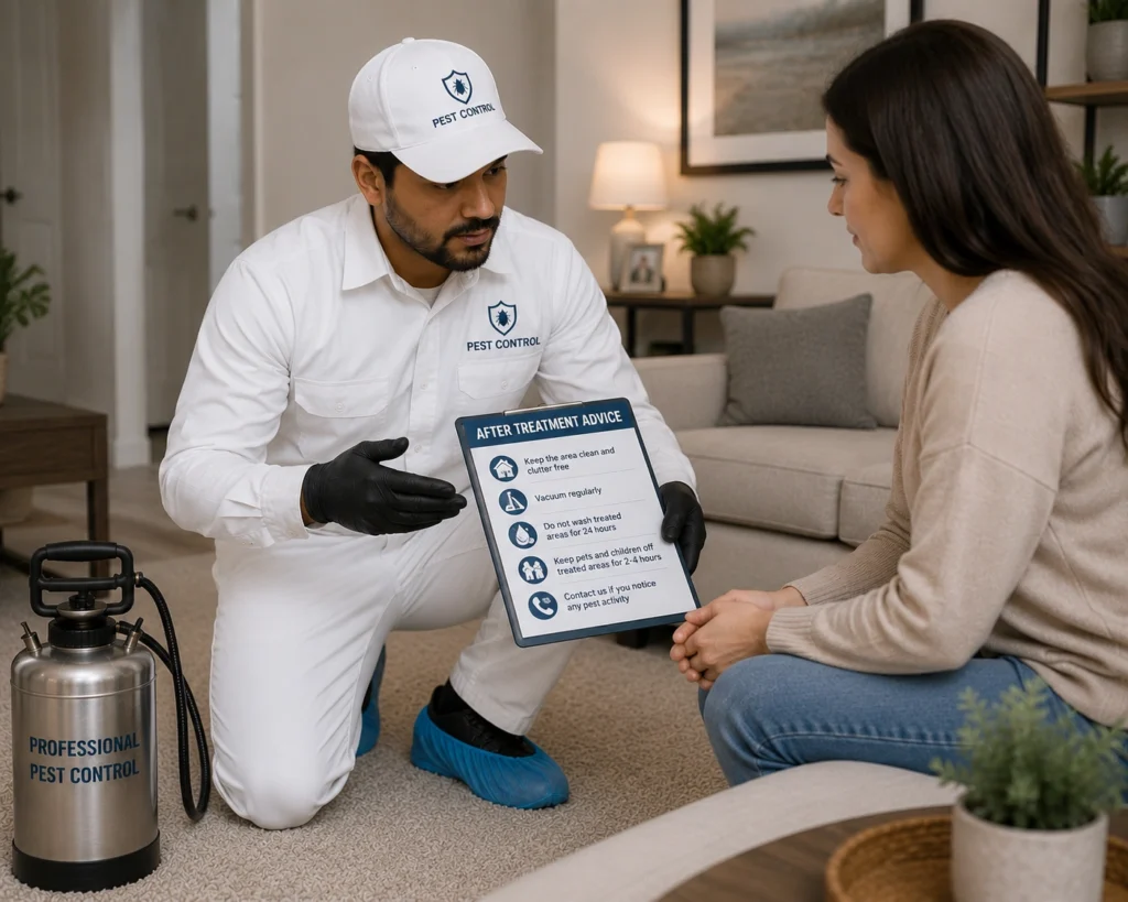 Technician advising a homeowner after treatment