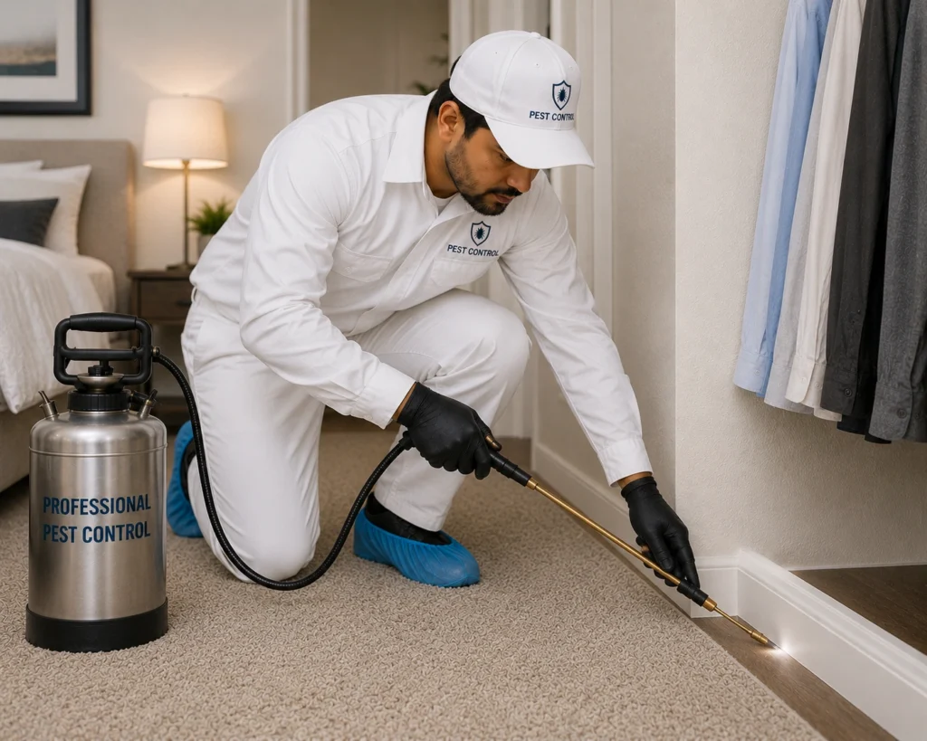 Technician applying treatment along skirting boards and carpet edges