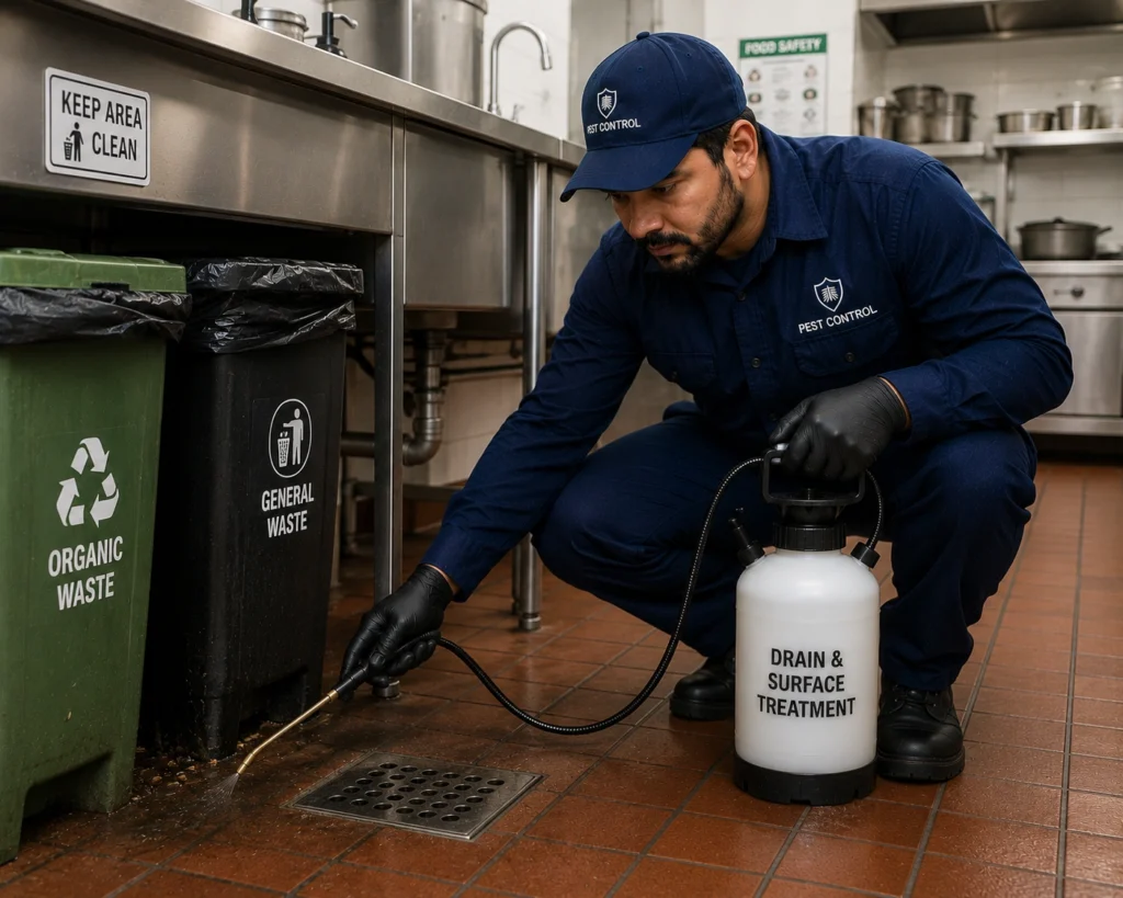Technician applying treatment around waste bins and kitchen drains