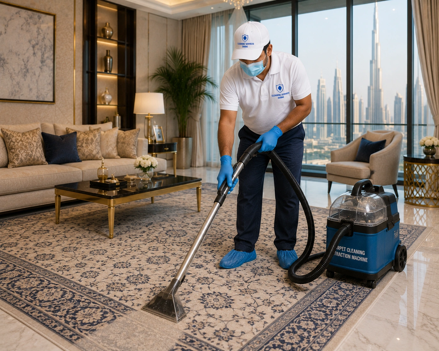Technician cleaning a large carpet inside a luxury Dubai living room