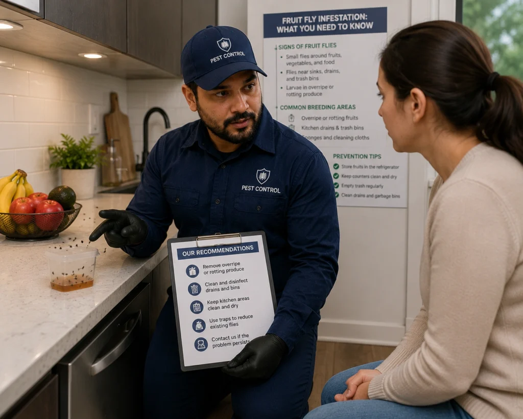 Technician explaining a fruit fly infestation in a residential kitchen