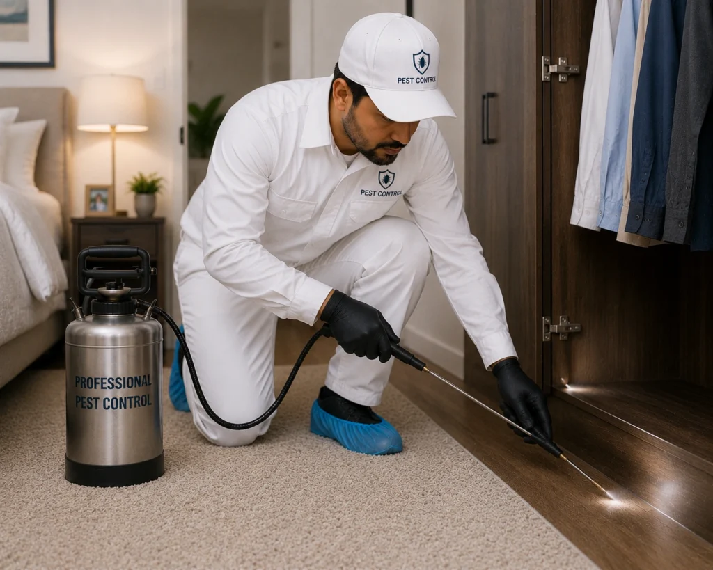 Technician in white dress treating carpet edges and wardrobes