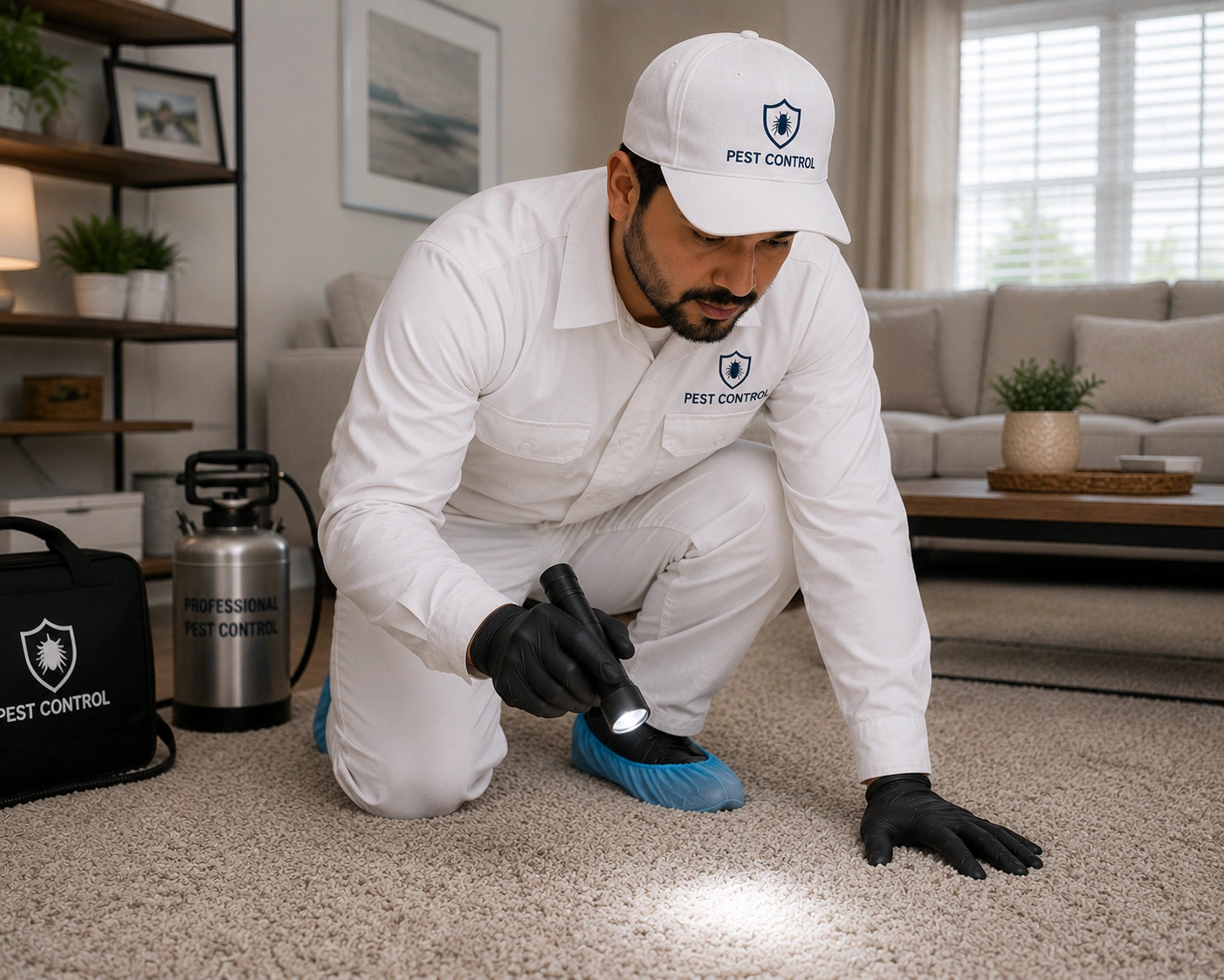 Technician inspecting a carpet with a flashlight