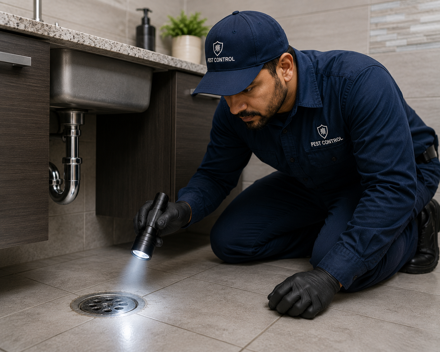 Technician inspecting a kitchen or bathroom drain with a flashlight.