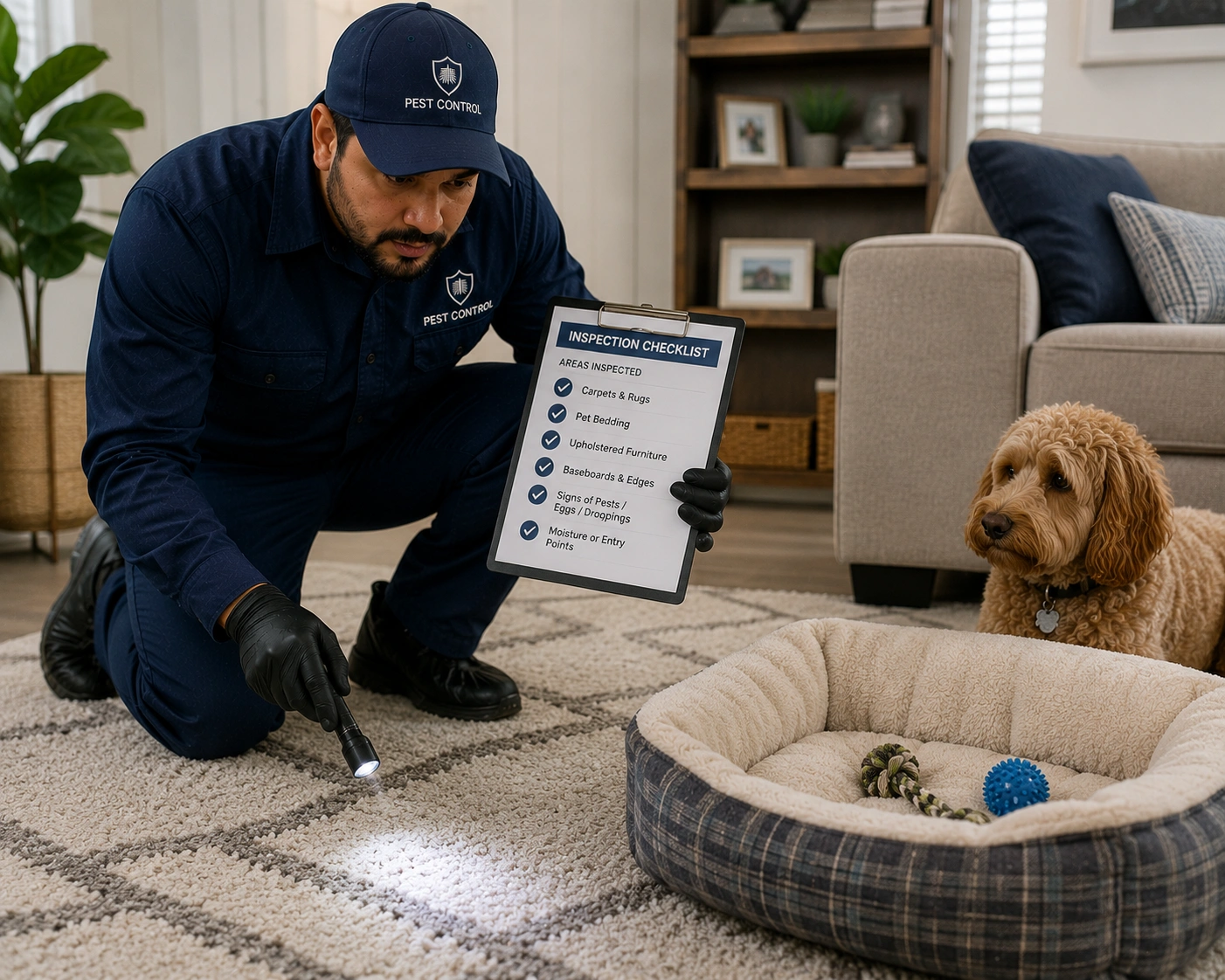 Technician inspecting carpets and pet bedding