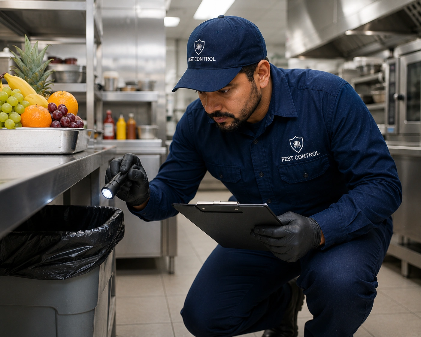 Technician inspecting fruits, bins, and kitchen counters