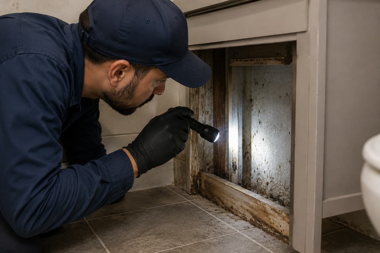 Technician inspecting hidden places with a flashlight.
