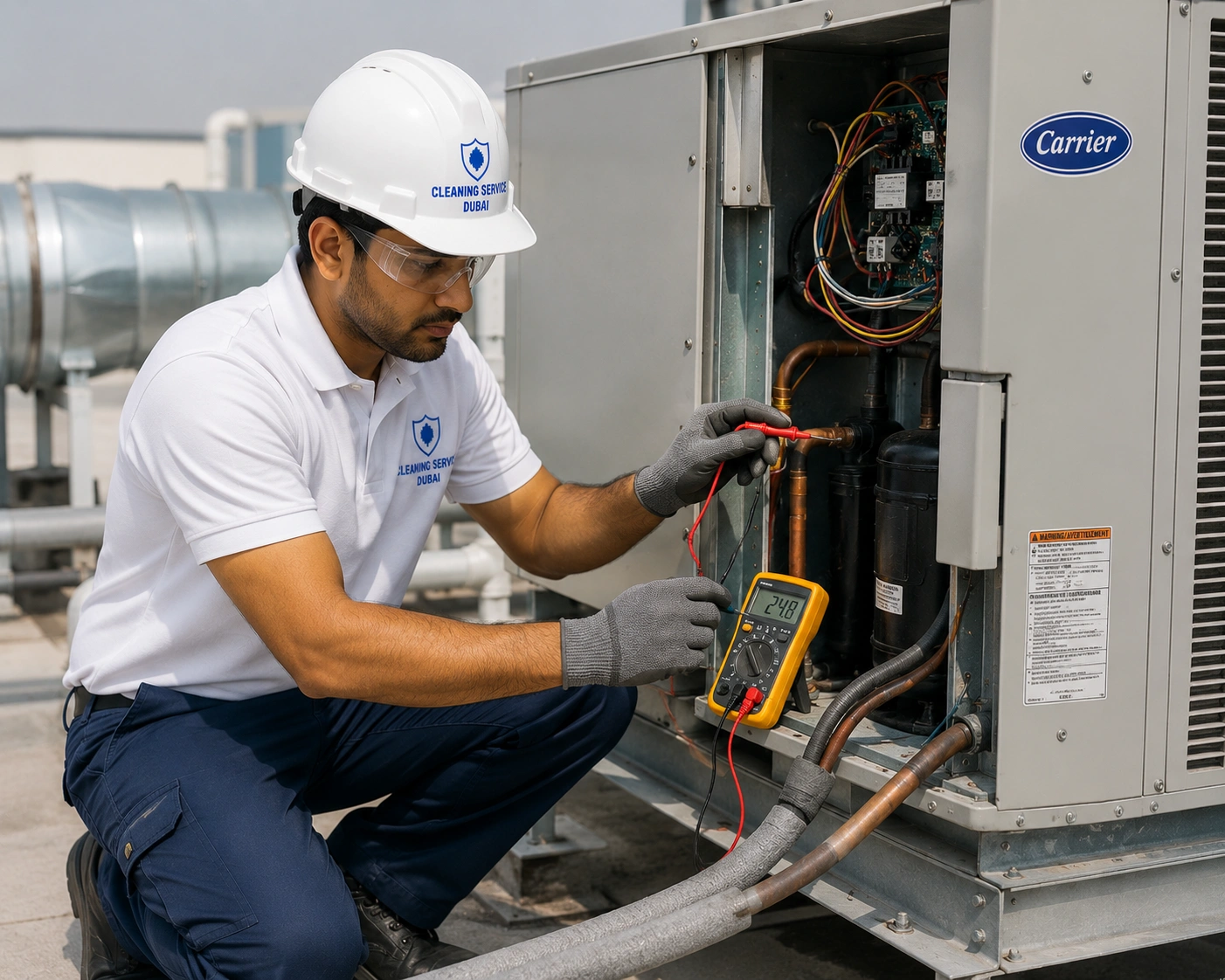 Technician servicing a central AC system.