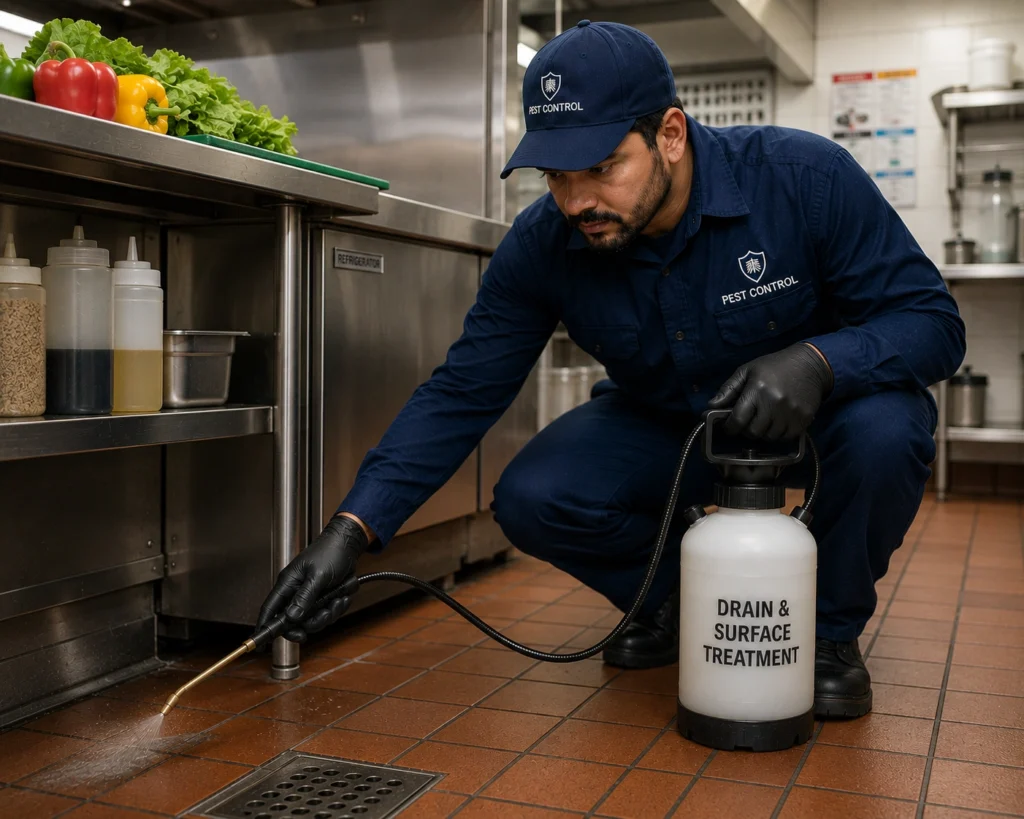 Technician treating a kitchen or food preparation area