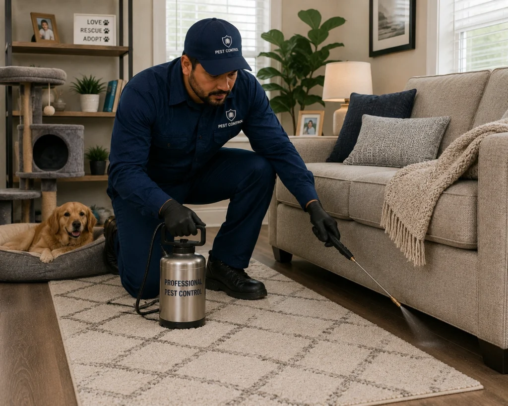 Technician treating a living room with pet furniture