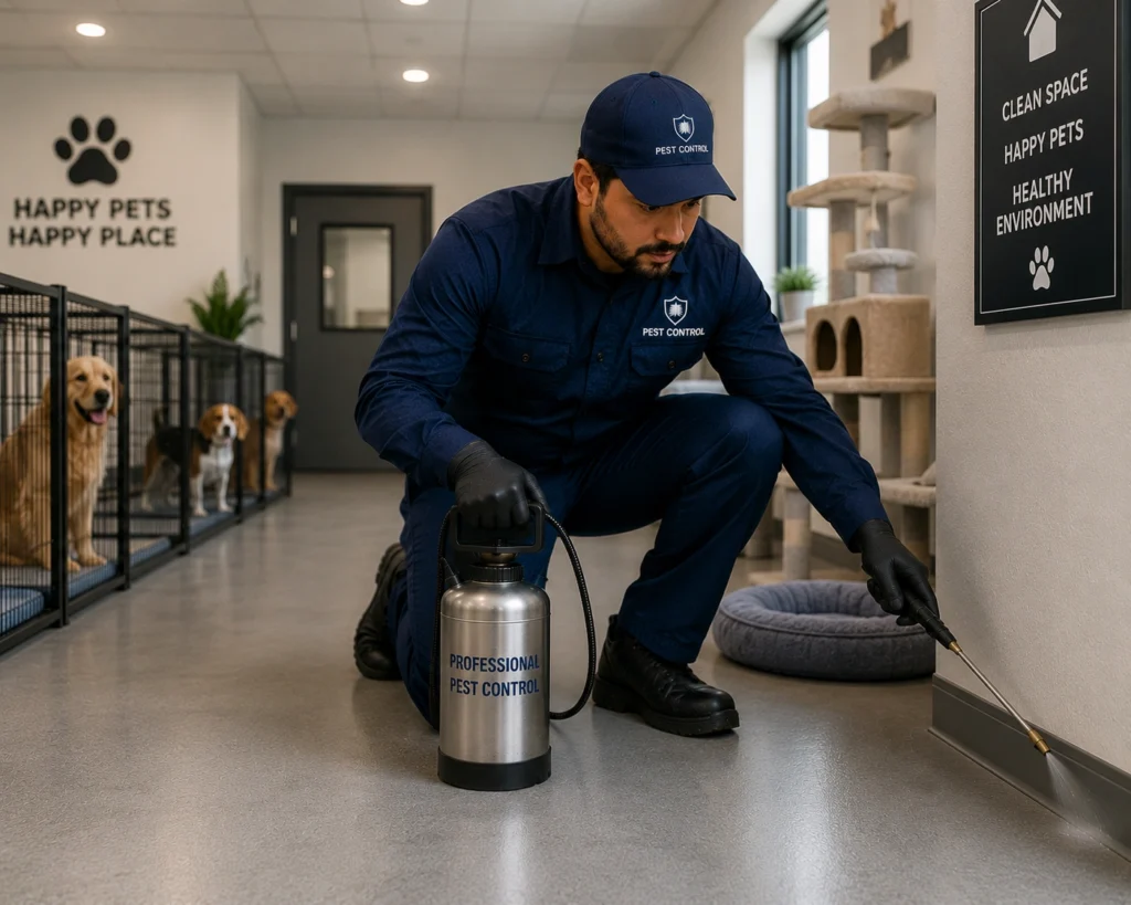 Technician treating a pet care facility or commercial property