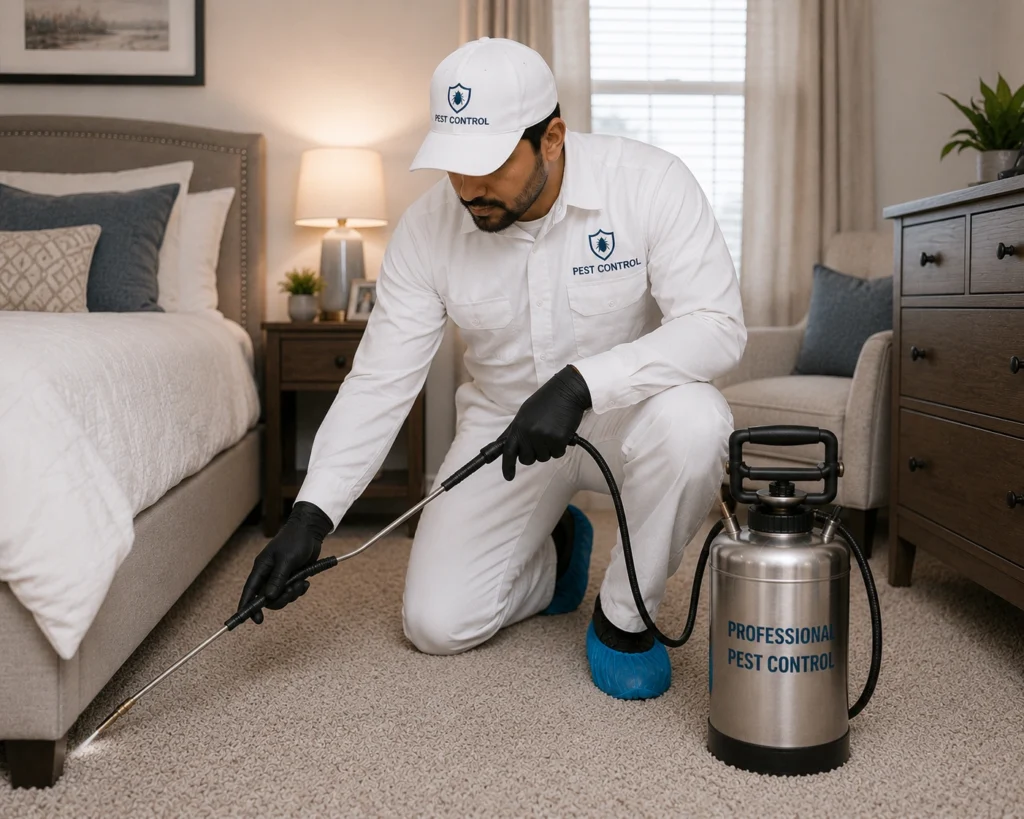 Technician treating bedroom carpets and furniture.