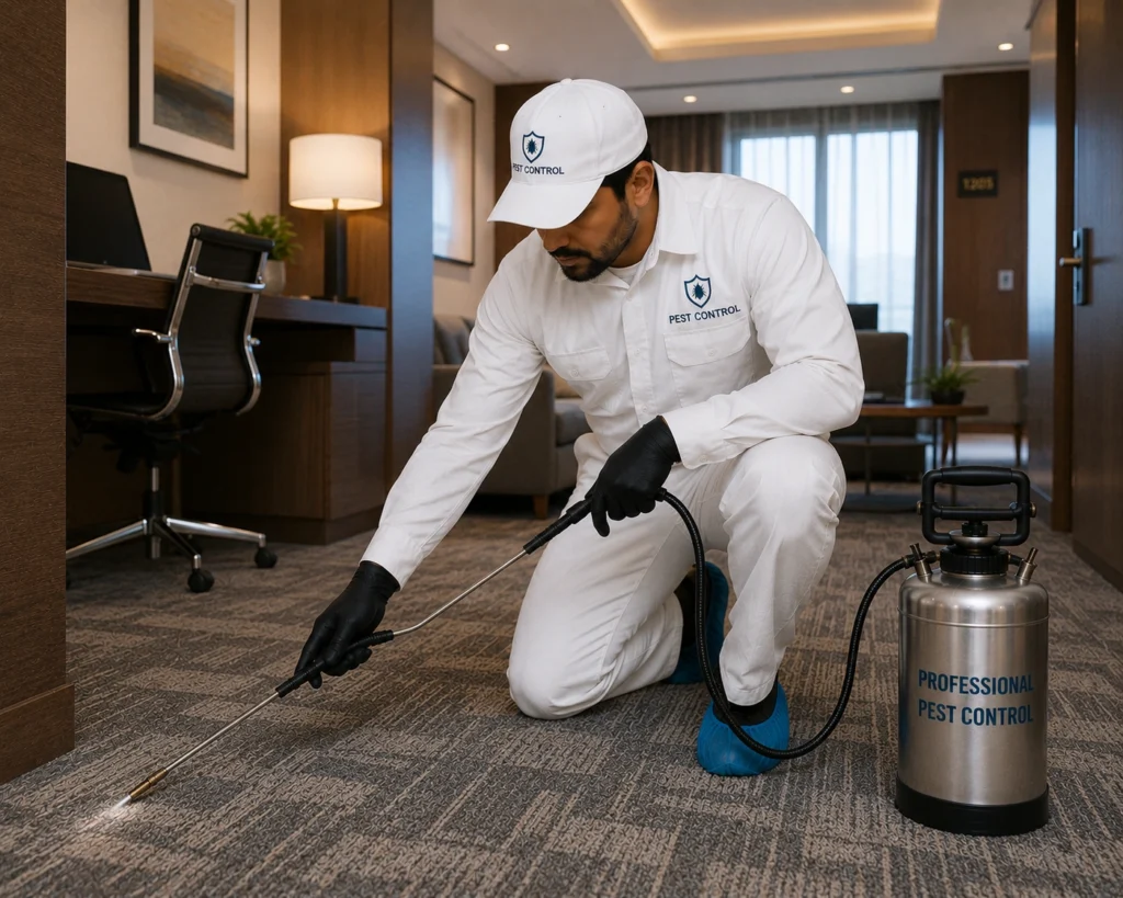 Technician treating carpets inside a hotel or office