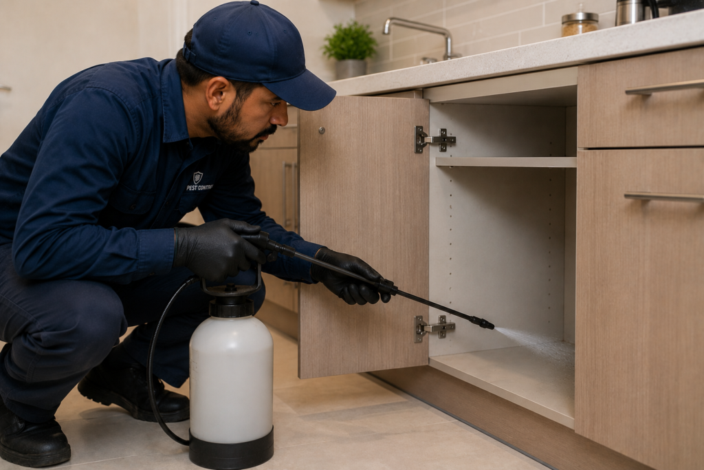 Technician treating kitchen cabinets or storage areas.