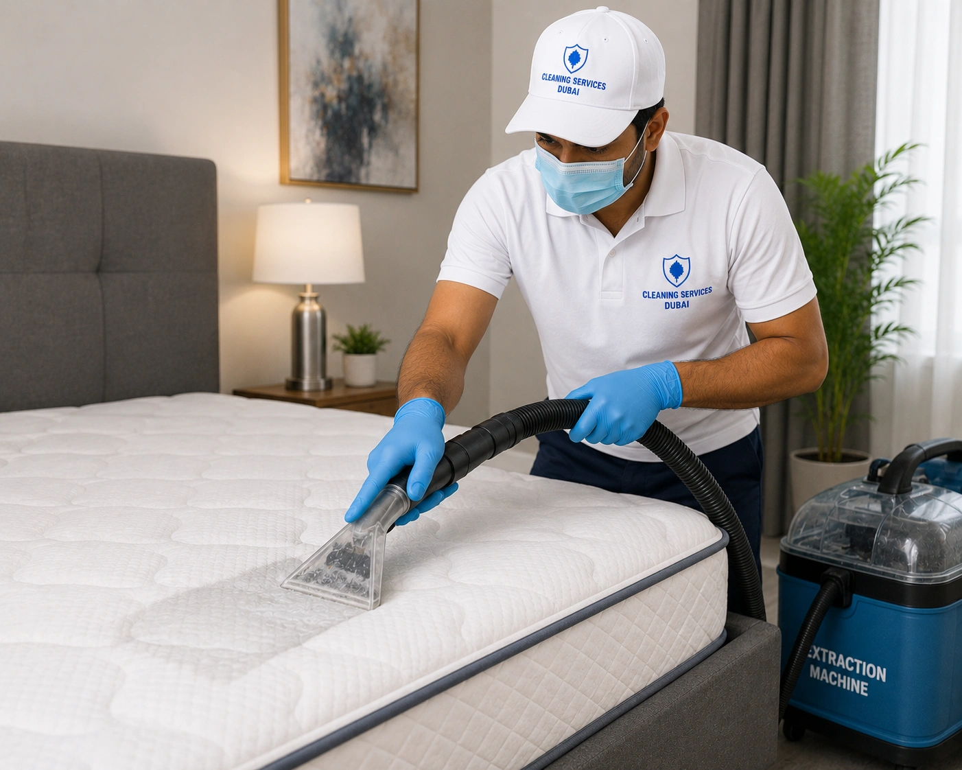 Technician using an extraction machine on a mattress