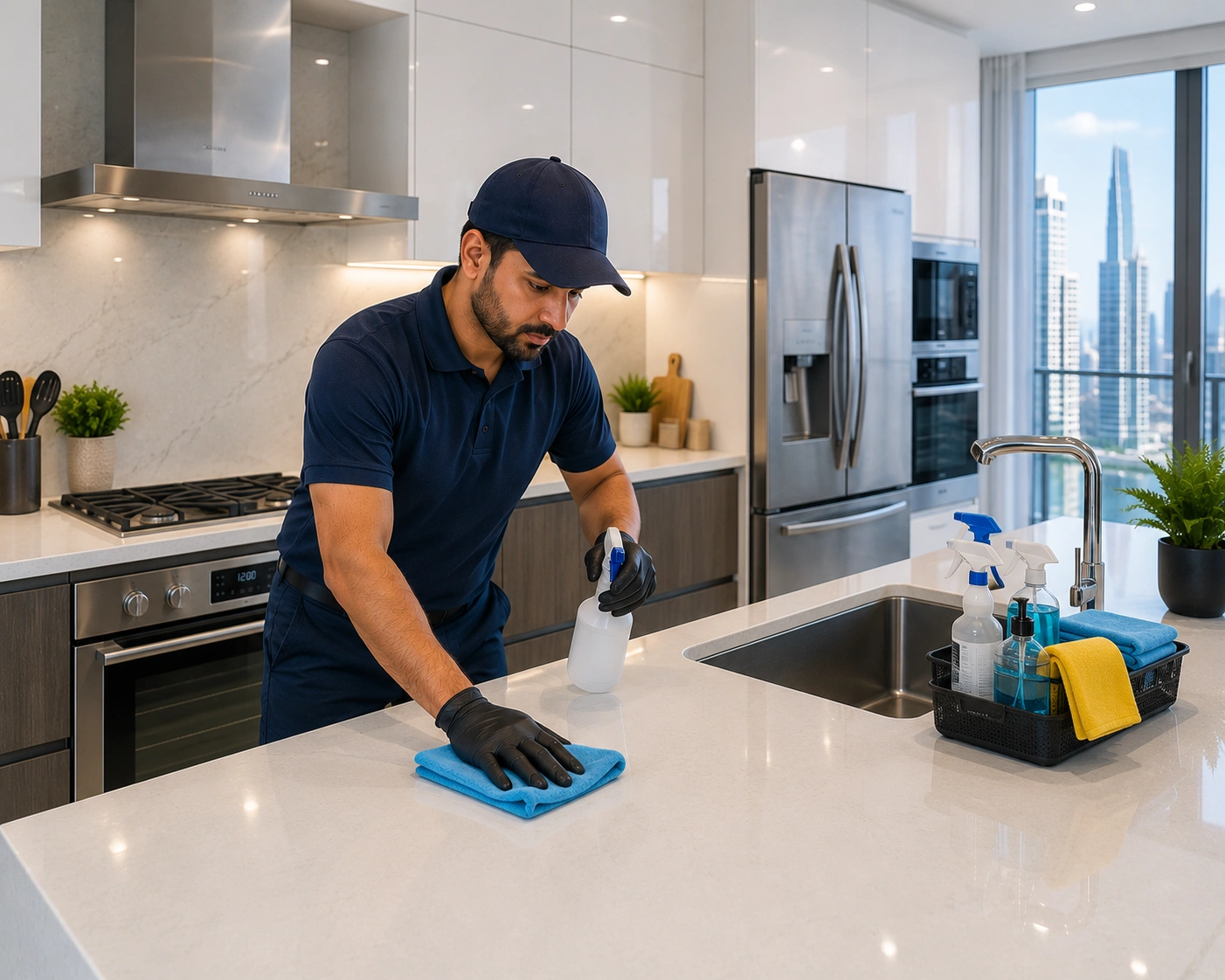 Cleaner deep cleaning a modern apartment kitchen