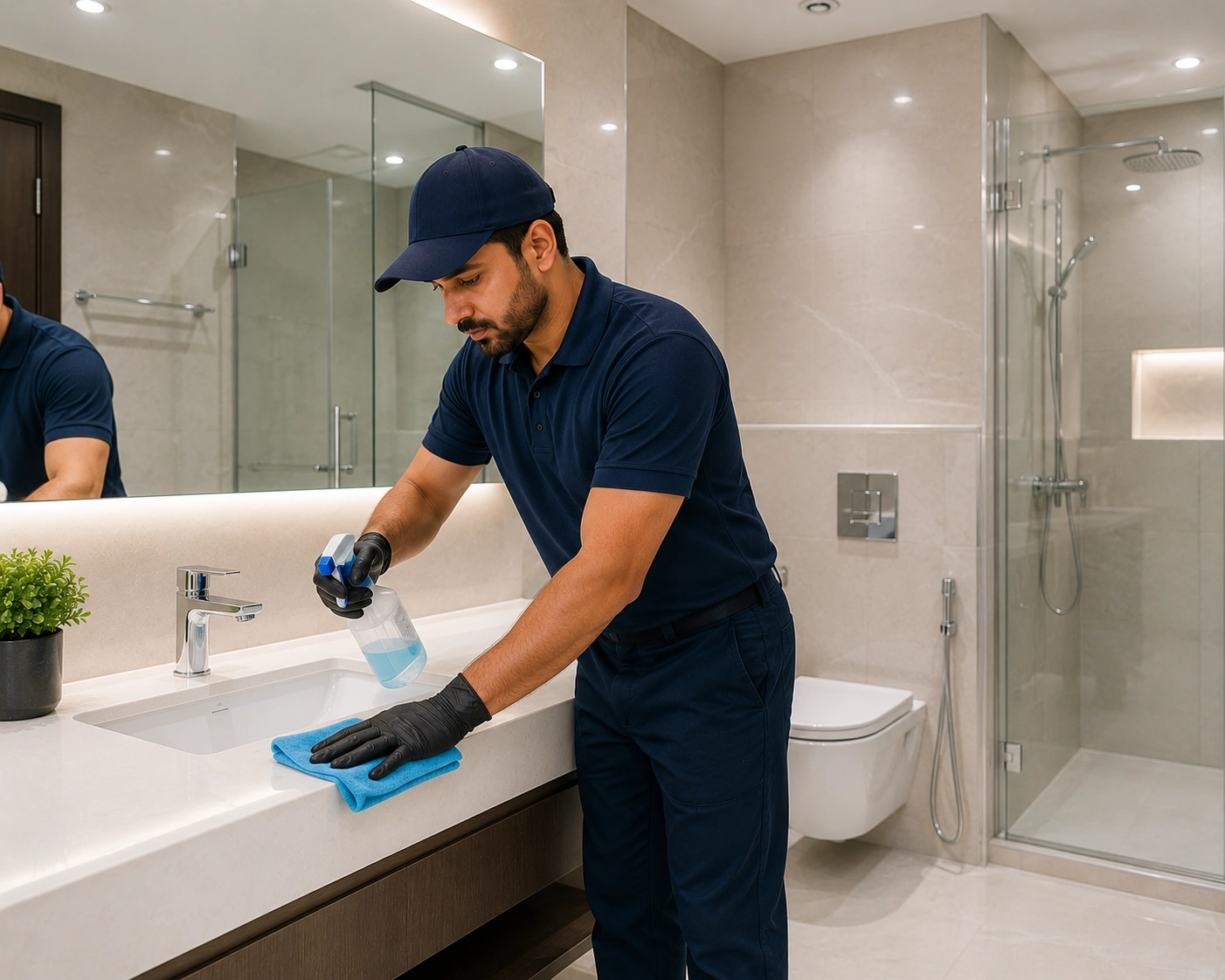 cleaner sanitizing a modern bathroom
