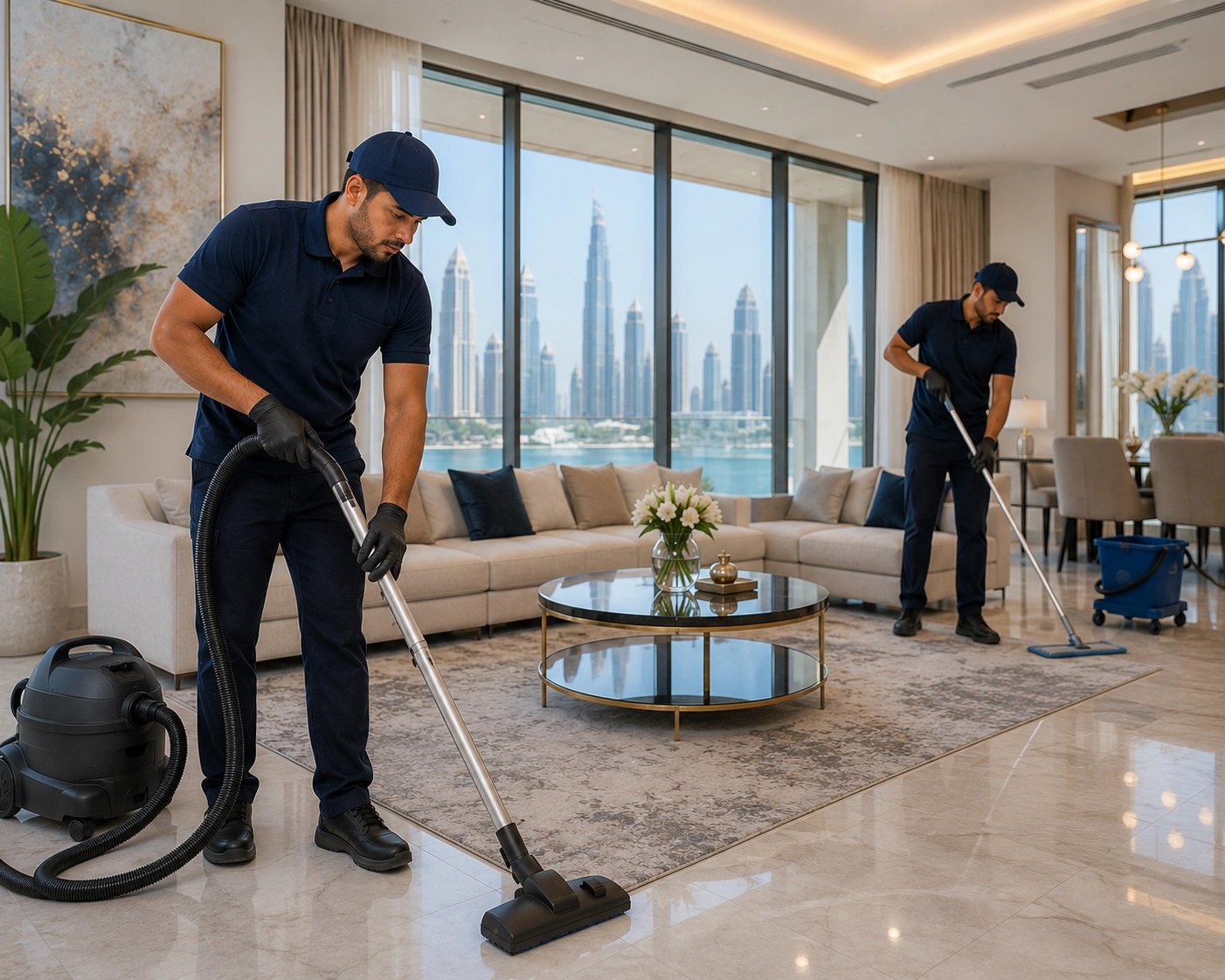 cleaner vacuuming and mopping a luxury apartment