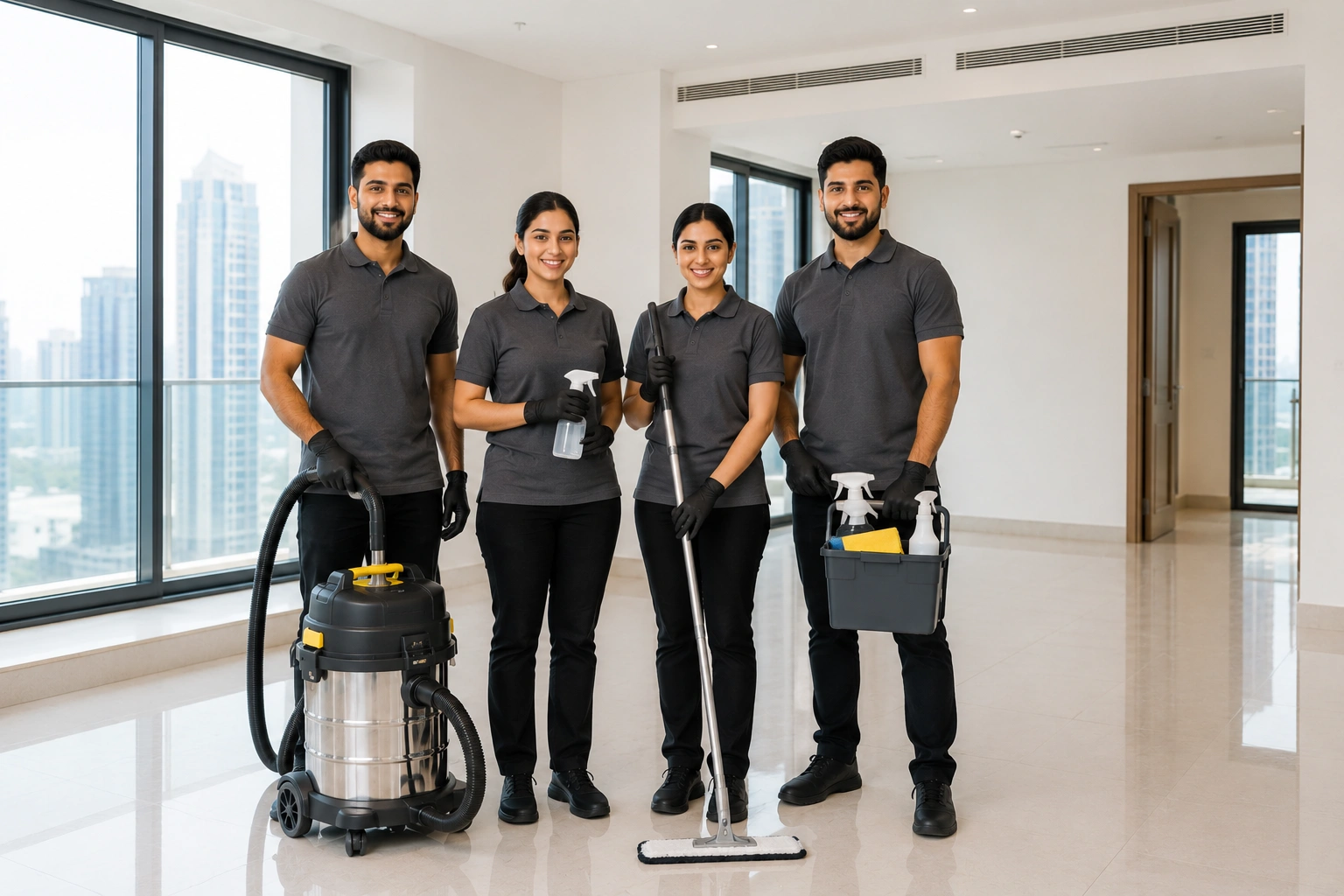 cleaning team standing inside a perfectly cleaned empty apartment