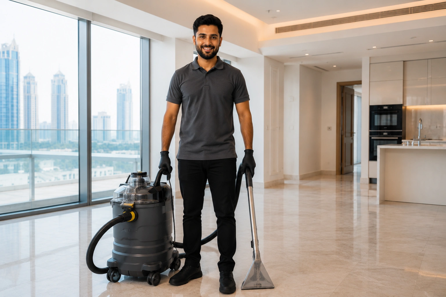 Cleaner standing inside a spotless modern apartment