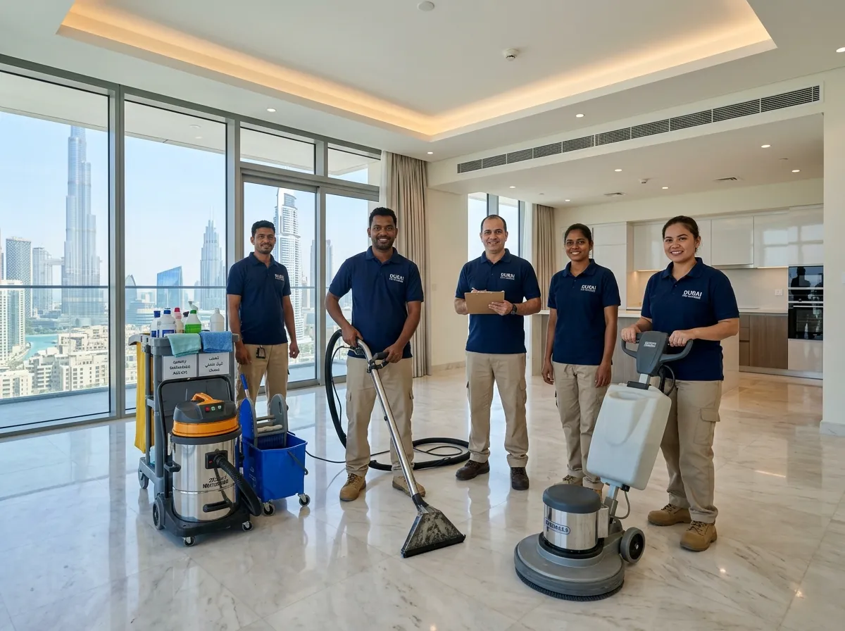 Cleaning team in renovated property
