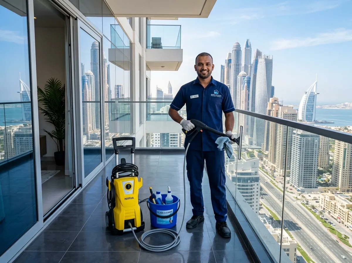 Technician cleaning apartment balcony