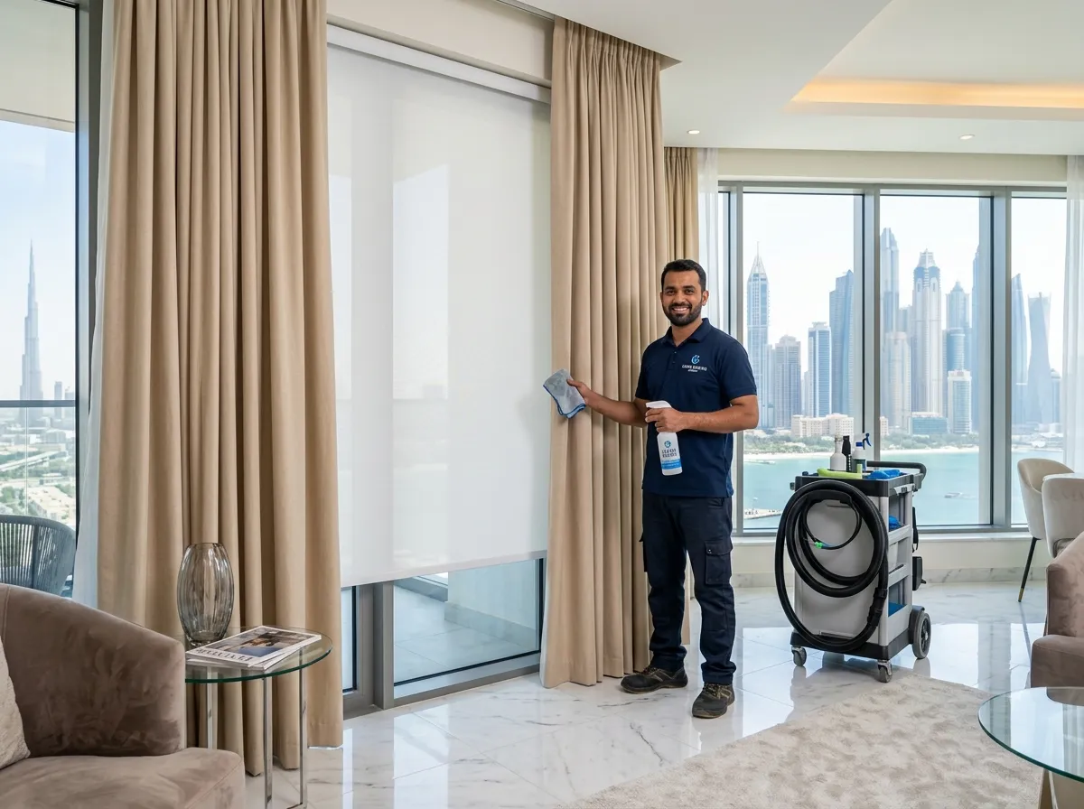 Technician cleaning curtains