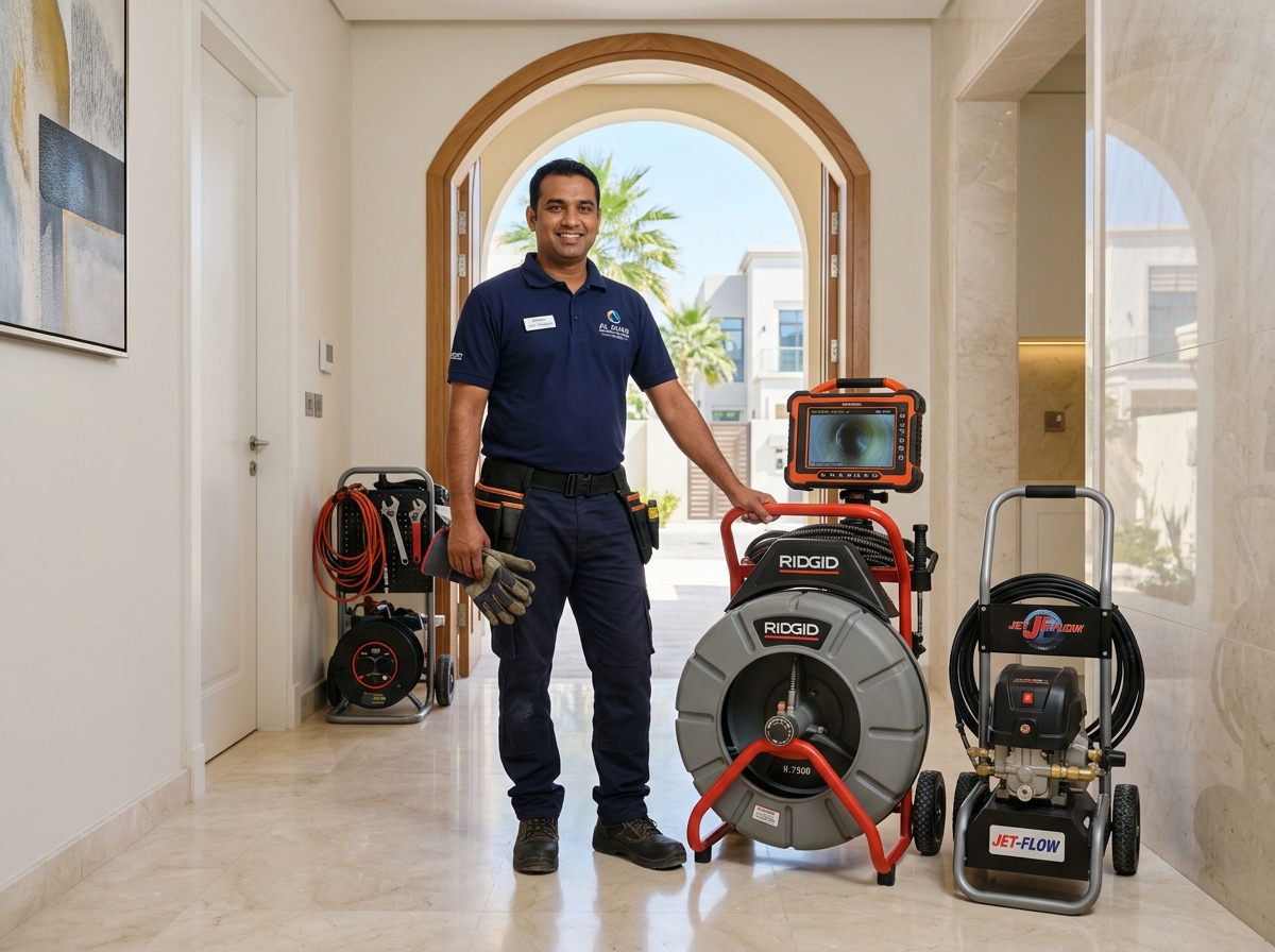 Technician standing beside drain