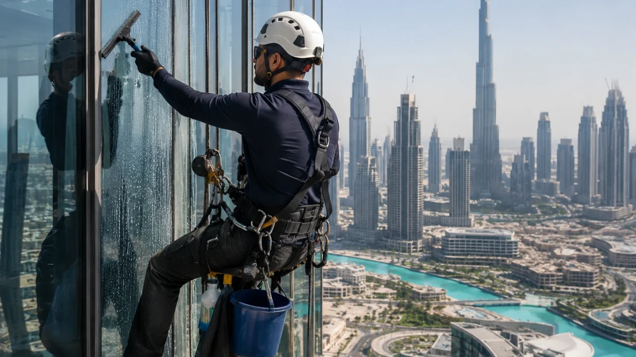 A certified rope access technician cleaning the facade