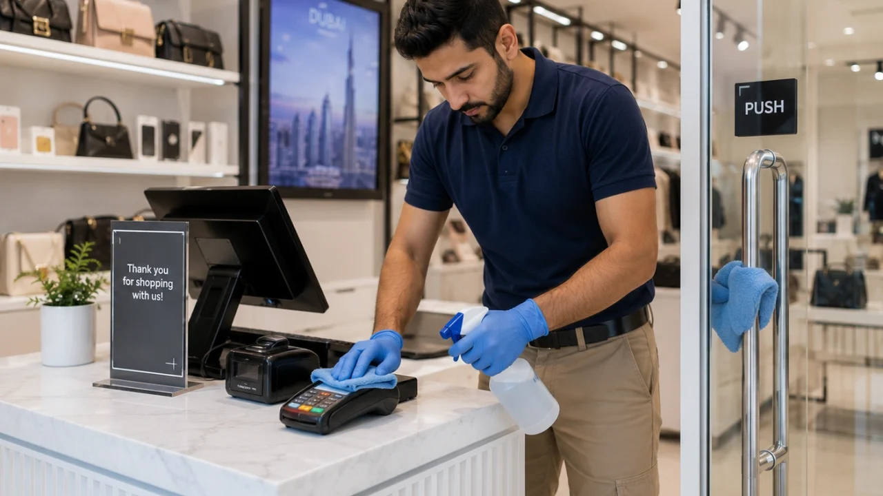 A cleaner disinfecting checkout counters